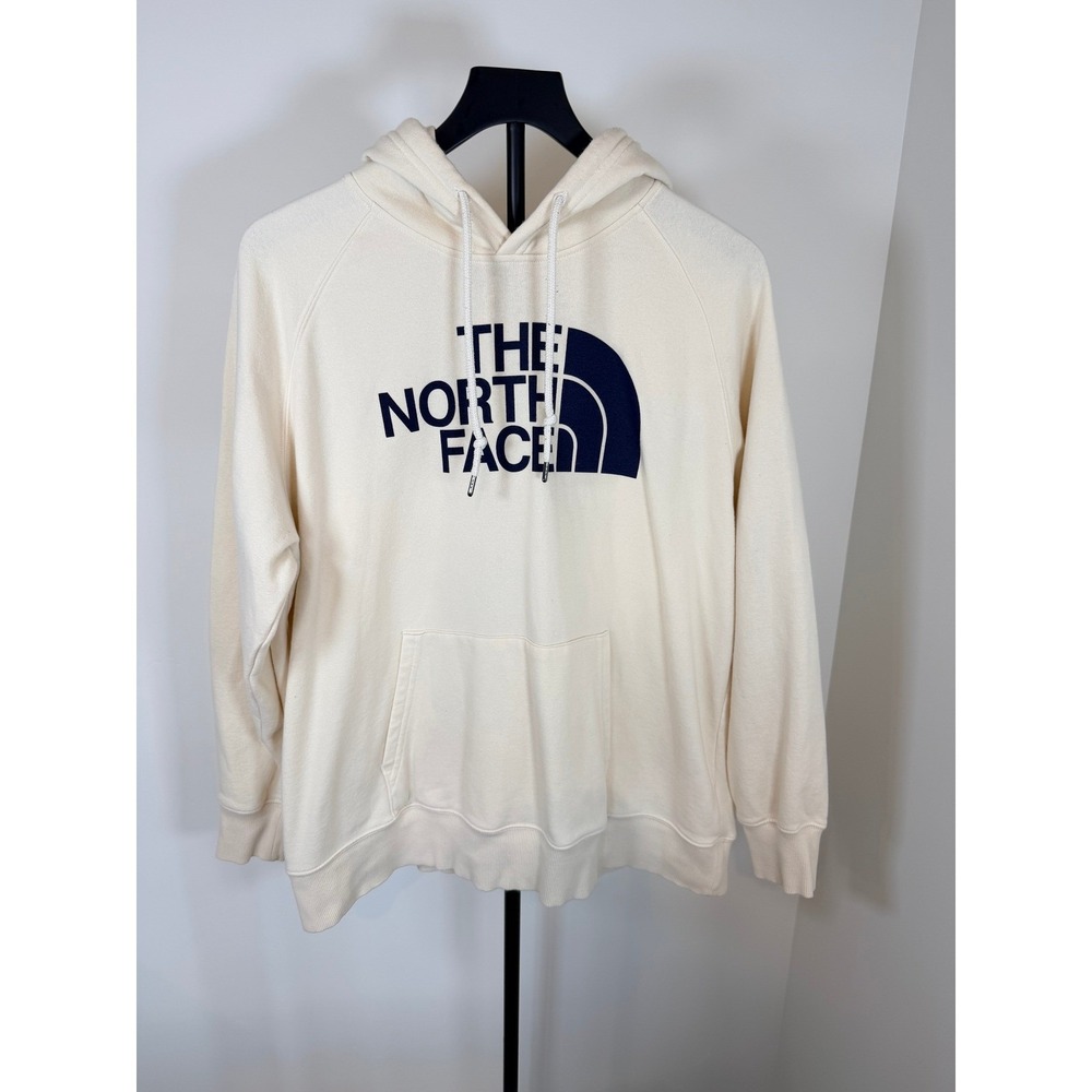 The North Face Womens XL Cream Pullover Hoodie Navy Blue Logo Fleece Sweatshirt